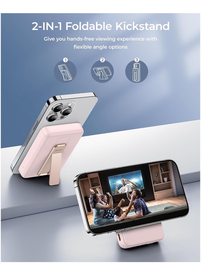 Benks - BENKS Magnetic Power Bank 10,000mAh Foldable Kickstand Wireless Portable Charger, for MagSafe Battery Pack with Two-Way 20W USB-C Port for iPhone 15/14/13/12 Series, Pink - Image 1