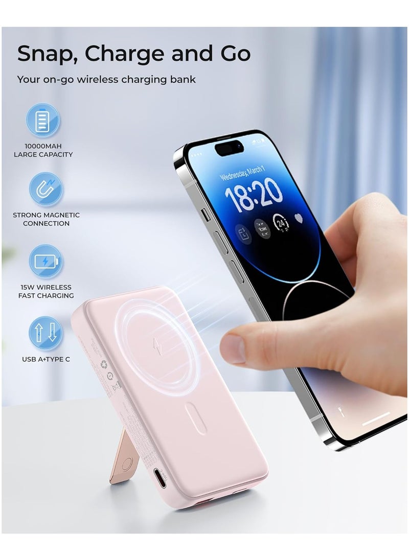 Benks - BENKS Magnetic Power Bank 10,000mAh Foldable Kickstand Wireless Portable Charger, for MagSafe Battery Pack with Two-Way 20W USB-C Port for iPhone 15/14/13/12 Series, Pink - Image 1