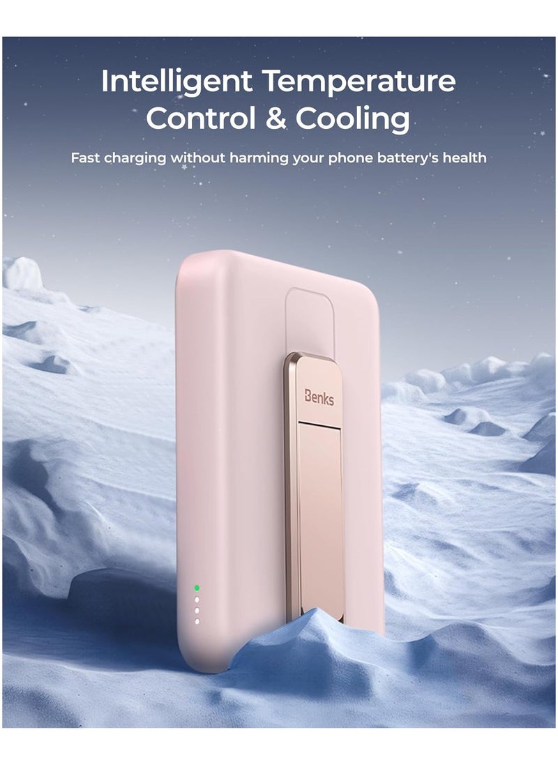 Benks BENKS Magnetic Power Bank 10,000mAh Foldable Kickstand Wireless Portable Charger, for MagSafe Battery Pack with Two-Way 20W USB-C Port for iPhone 15/14/13/12 Series, Pink  - Image 2