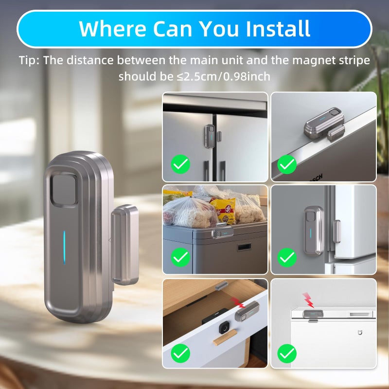 Daytech Refrigerator & Freezer Door Alarm - Adjustable 1-4 Minute Delay, 0-120dB Adjustable Siren, Door/Window Sensor for Home or Business (2 Pack, Grey) - Image 5