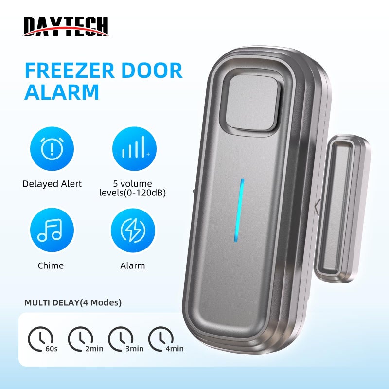 Daytech Refrigerator & Freezer Door Alarm - Adjustable 1-4 Minute Delay, 0-120dB Adjustable Siren, Door/Window Sensor for Home or Business (2 Pack, Grey) - Image 2