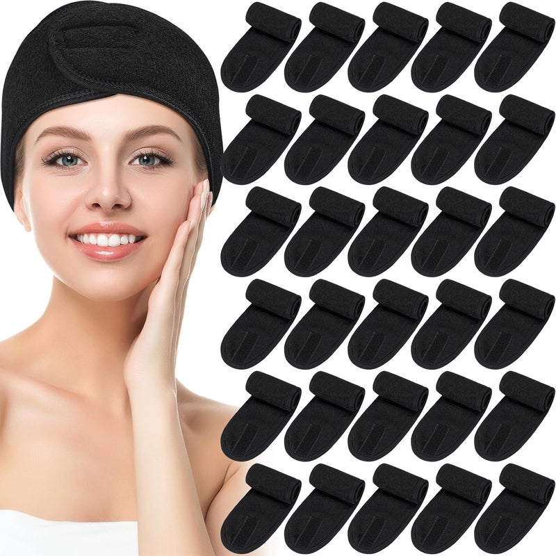 Hoteam 30 Pack Spa Headband Facial Esthetician Hair Wrap for Women Adjustable Makeup Sports Shower Stretch Towel with TapeBlack