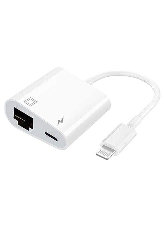 Captaintech Lightning to Ethernet Adapter 2 in 1 RJ45 Ethernet LAN Network Adapter with Charge Port Compatible with iPhone/iPad/iPod Plug and Play Supports 100Mbps Ethernet Network White - Image 1