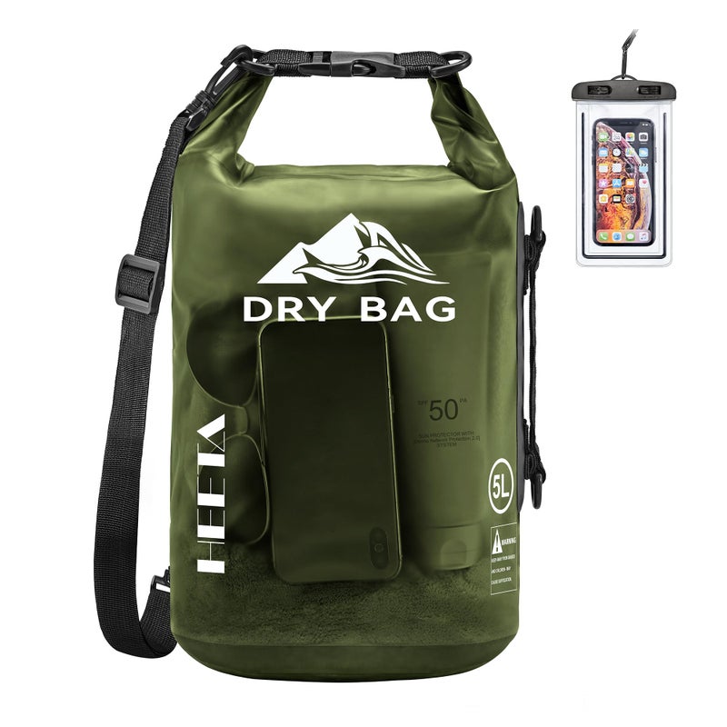 HEETA Dry Bag Waterproof for Women Men, Roll Top Lightweight Dry Storage Bag Backpack with Phone Case for Travel Swimming Boating Kayaking Paddle Board Camping Beach Accessories (Pitch Green, 30L) - Image 1