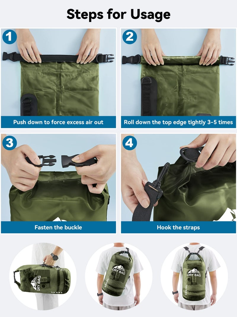 HEETA Dry Bag Waterproof for Women Men, Roll Top Lightweight Dry Storage Bag Backpack with Phone Case for Travel Swimming Boating Kayaking Paddle Board Camping Beach Accessories (Pitch Green, 30L) - Image 5