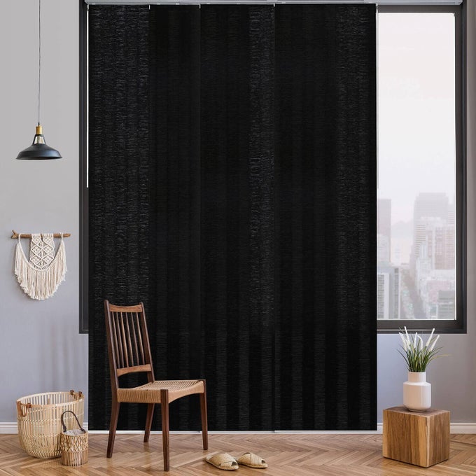 DELUXE ADJUSTABLE SLIDING PANEL TRACK BLIND 458 86 W X UP TO 96 H EXTENDABLE 4RAIL TRACK VERTICAL BLIND TRIMMABLE PLEATED NATURAL WOVEN FABRIC BLACK STRIPE PATTERN PILOT WHALE