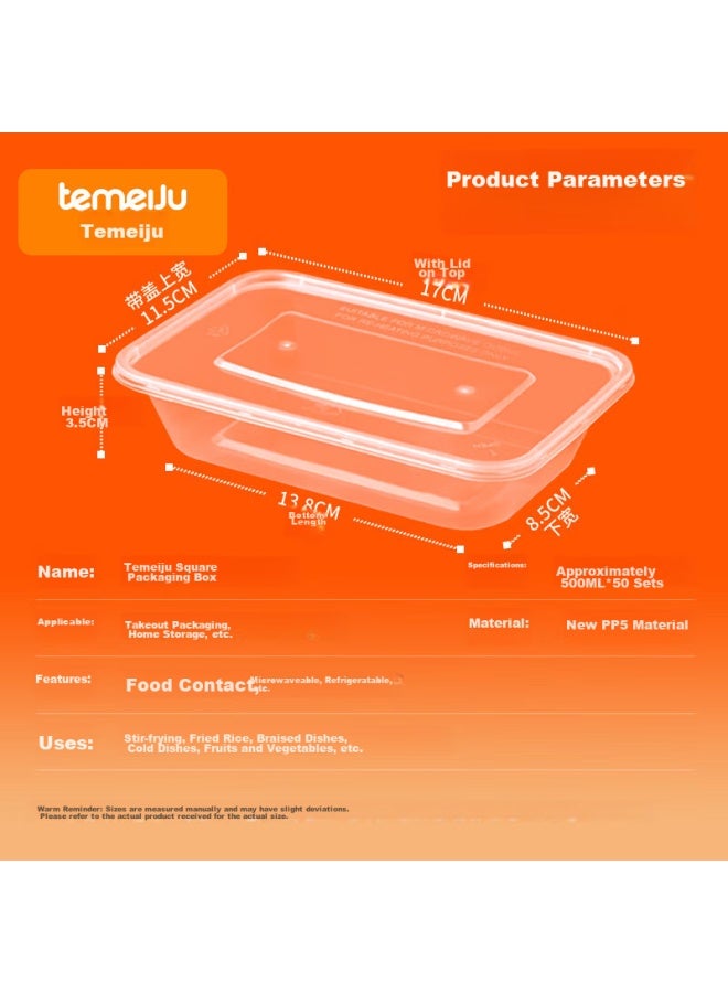 Temeiju Disposable Rectangular Transparent Plastic Food Containers, Thickened With Lids, Takeout Boxes, Tableware, 50 Sets, 500 Model - Image 5