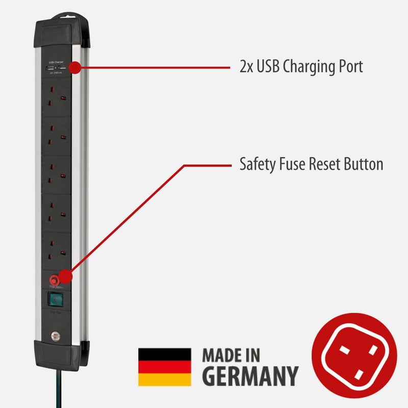 Brennenstuhl Premium-Alu-Line FB, 5-Way Extension Lead with 2 USB Charging Ports (with Switch, 3 m Cable and Aluminium Housing, with Safety Fuse Button, Made in Germany) Black - Image 2