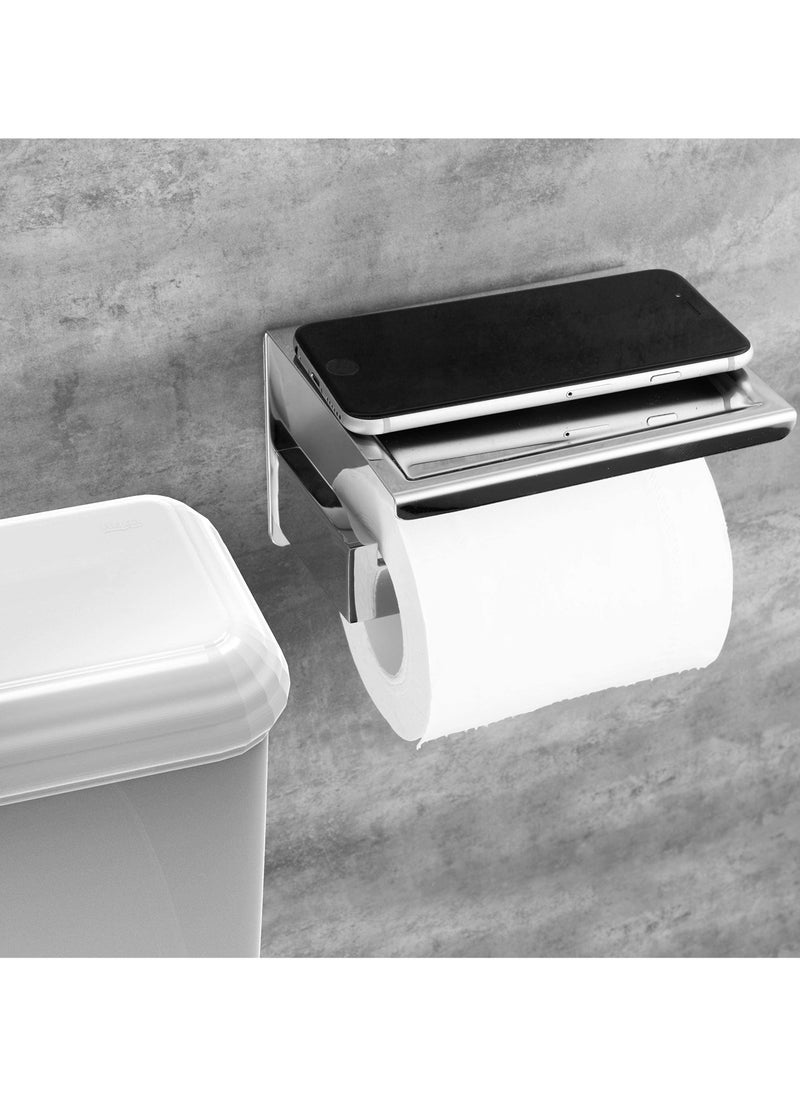 SYOSI Chrome Toilet Paper Holder, Self-Adhesive Toilet Paper Roll Holder, Modern Toilet Paper Holder or Wall-Mount Tissue Roll Holder with Storage Shelf with Screws for Bathroom  - Image 2