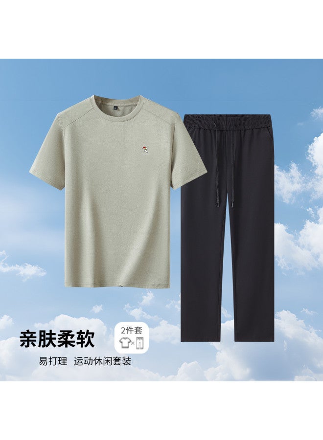 Tucano men's Summer Outfit - Short Sleeve Round Neck T-shirt With Elastic Waist Casual Pants 2-piece Set - Image 2