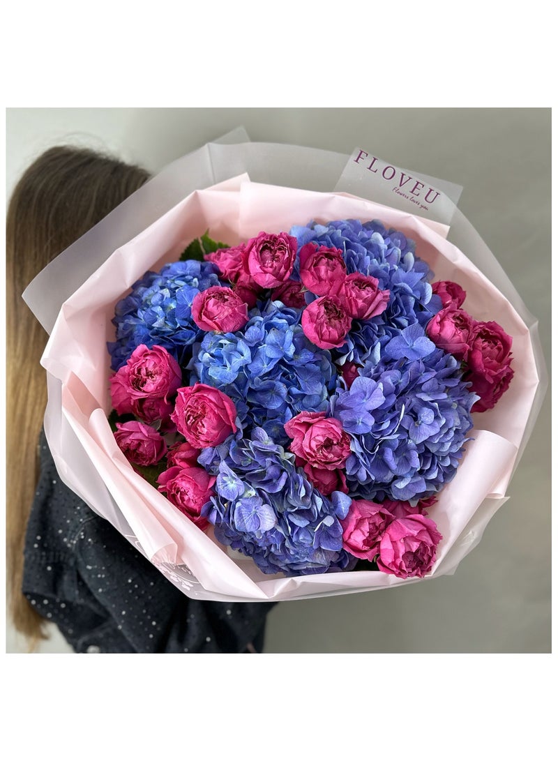 Generic Pink Bombastic Flowers and Blue Hydrangeas Wrapped in Baby Pink Paper