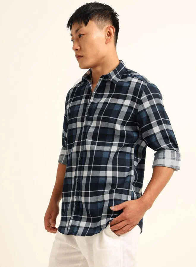 بوشيرت قميص مطبع بنمط مربعات وياقة سبريد