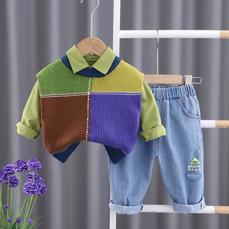 2023 New Boys and Girls Pullover Plaid Sweater Vest Three-Piece Spring and Autumn Childrens Western Style Clothes Childrens Suit 3-piece set