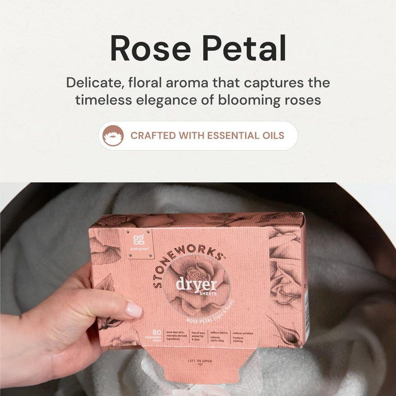 Grab Green Stoneworks Cruelty-Free Dryer Sheets | Softens Fabrics, Freshens Clothing & Reduces Static-Cling and Wrinkles | Plant Based | Rose Petal Scent (160 Sheets) - Image 3