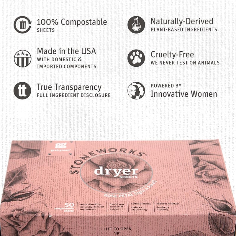 Grab Green Stoneworks Cruelty-Free Dryer Sheets | Softens Fabrics, Freshens Clothing & Reduces Static-Cling and Wrinkles | Plant Based | Rose Petal Scent (160 Sheets) - Image 2