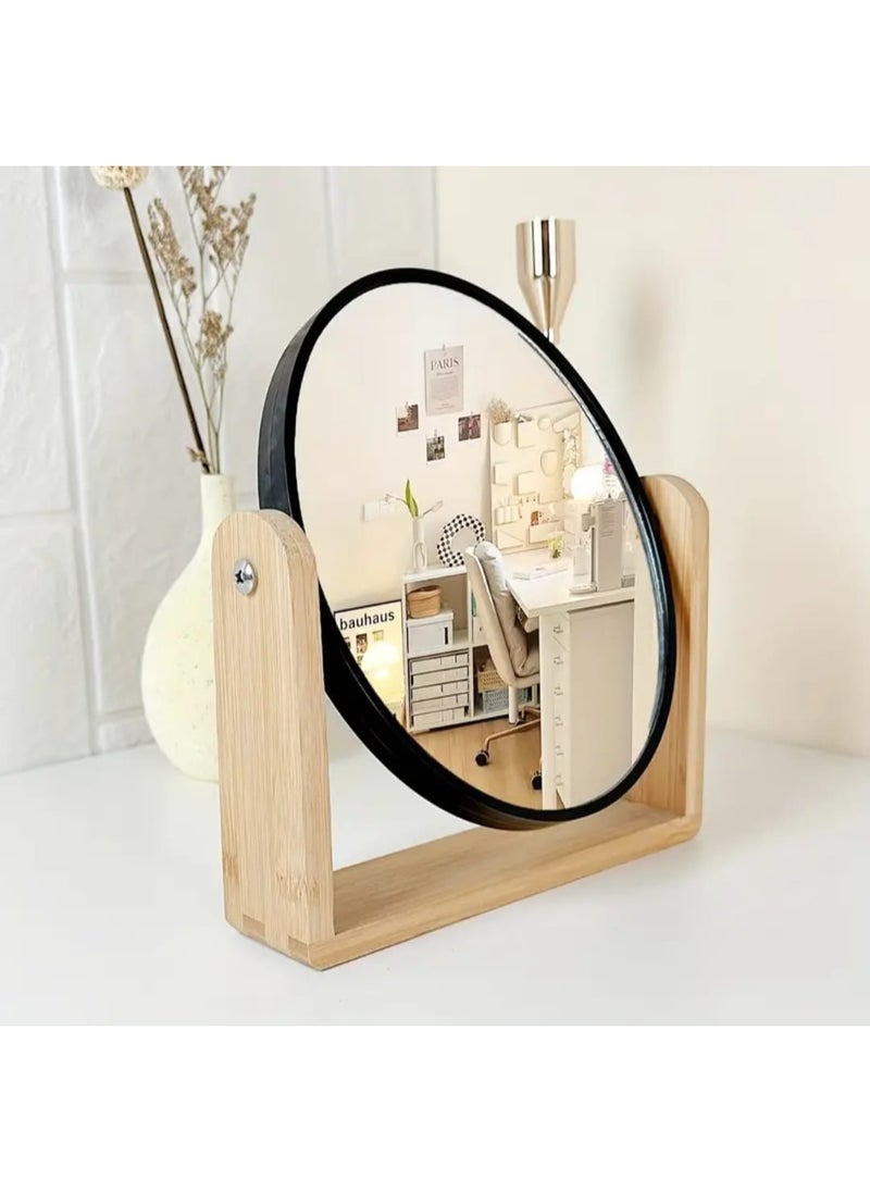 BOLREUS 1 Pcs Elegant Wooden Frame Double - Sided Makeup Mirror With Magnification Rotating, Simple Desk Stand Design, Ideal For Home Vanity Use, Makeup Vanity Desk  - Image 2