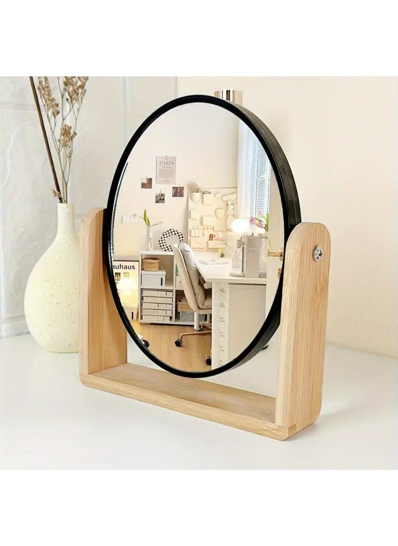 BOLREUS 1 Pcs Elegant Wooden Frame Double - Sided Makeup Mirror With Magnification Rotating, Simple Desk Stand Design, Ideal For Home Vanity Use, Makeup Vanity Desk  - Image 1