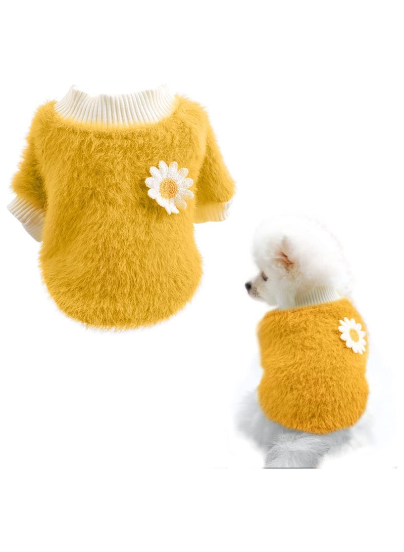 Small Dog Sweater   Yellow Daisy Plush Dog Clothes for Small Dogs Warm Coat Sweater Winter Cloth for Small Puppy Soft Short Plush Clothes for Small Medium Dogs (Yellow Daisy) - Image 1