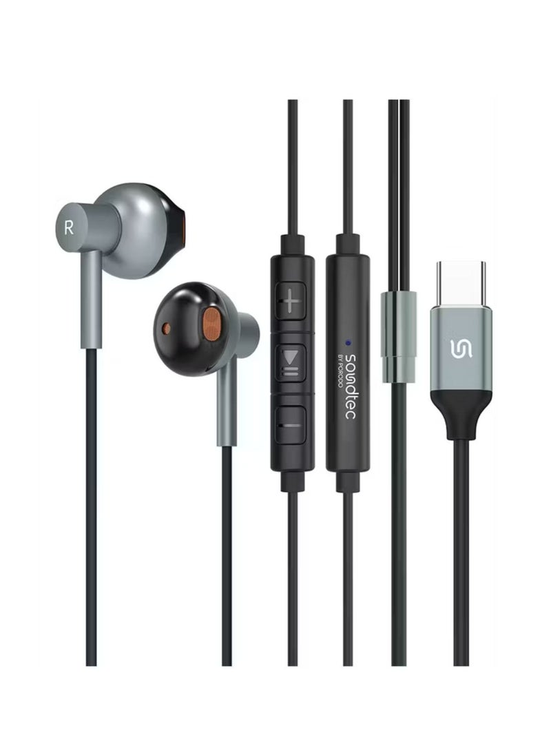 porodo Stereo Earphones with High-Clarity Microphone, Crisp Audio, Type-C Connector, Answer & Close Call, Three-Button Control - Black  - Image 3
