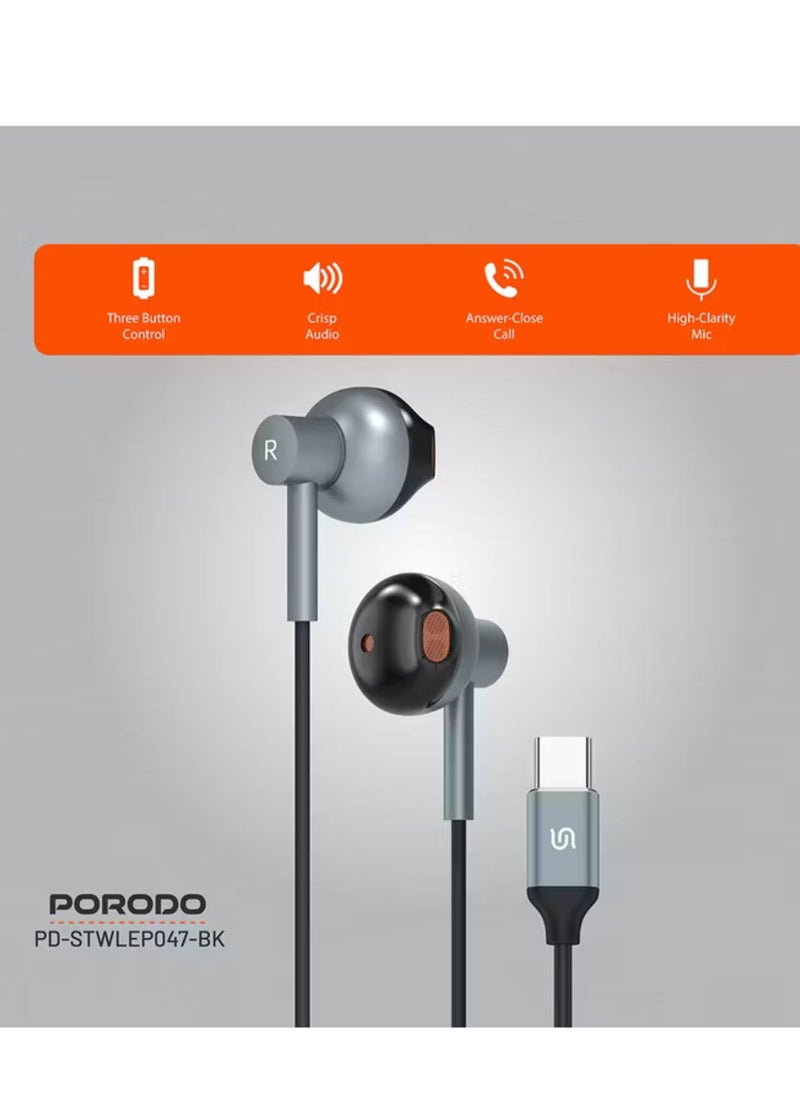 porodo Stereo Earphones with High-Clarity Microphone, Crisp Audio, Type-C Connector, Answer & Close Call, Three-Button Control - Black  - Image 5