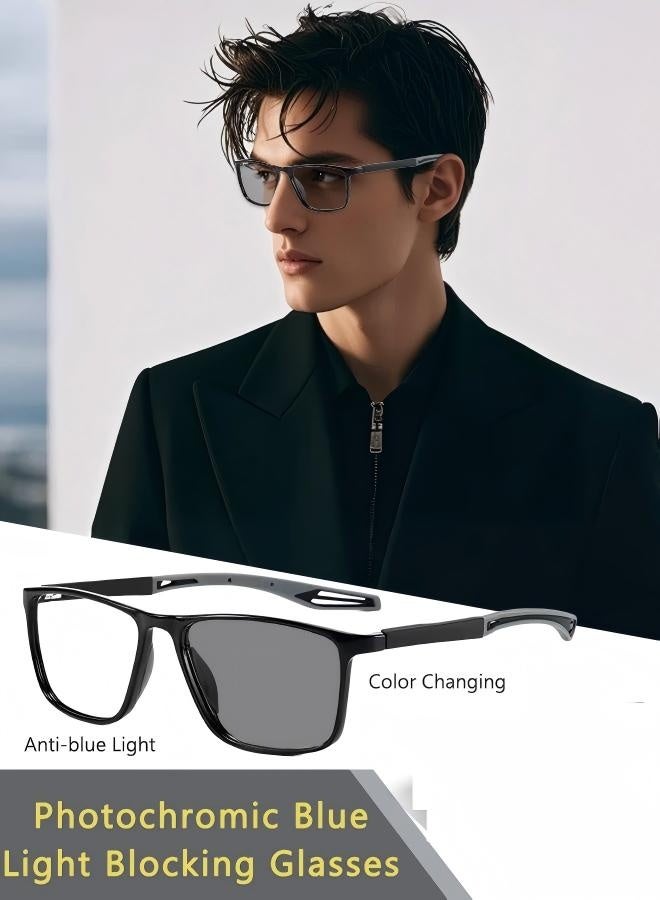 Men's Blue Light Blocking Glasses Anti UV and Glare Blue Light Filter Computer Glasses Rectangular Color Changing Anti Eyestrain Headache Sports Eyewear with Super Light TR Frame Black Grey 55mm - Image 1