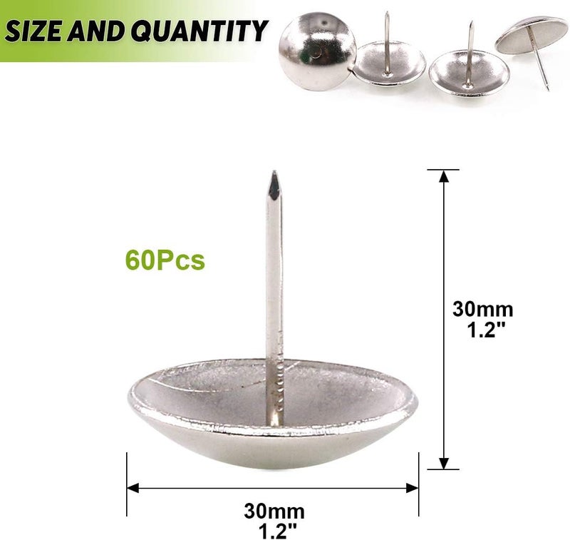 Keadic 60Pcs 1-3/16" (30mm) Antique Upholstery Tacks Furniture Nails Pins Assortment Kit for Upholstered Furniture Cork Board or DIY Projects - Silver - Image 2