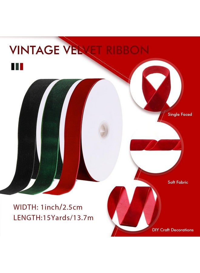 Yilloog 3 Rolls Christmas Velvet Ribbon Single Face Velvet Ribbon Vintage Velvet Ribbon for Christmas Tree Wreaths Gift Wrapping Bows Decoration(1 in X 15 Yard,Wine Red, Dark Green, Black) - Image 2