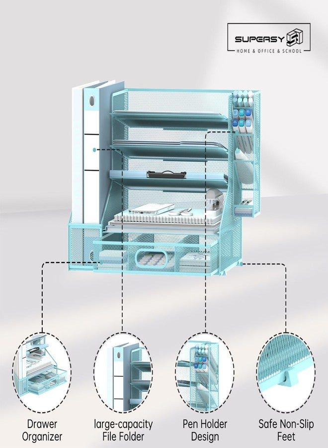 SUPEASY Desk Organizer with File Holder, 5-Tier Mesh Paper Letter Tray Organizer with Pen Holder and Drawer, Desktop Organizer and Storage with 3 Tilted File Sorter for Office Supplies, Blue - Image 3