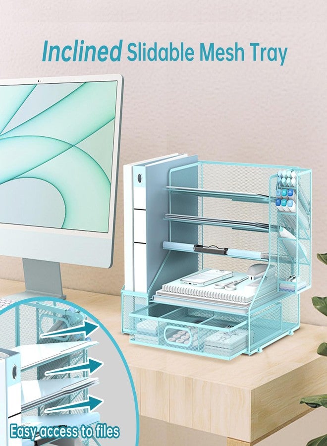 SUPEASY Desk Organizer with File Holder, 5-Tier Mesh Paper Letter Tray Organizer with Pen Holder and Drawer, Desktop Organizer and Storage with 3 Tilted File Sorter for Office Supplies, Blue - Image 4