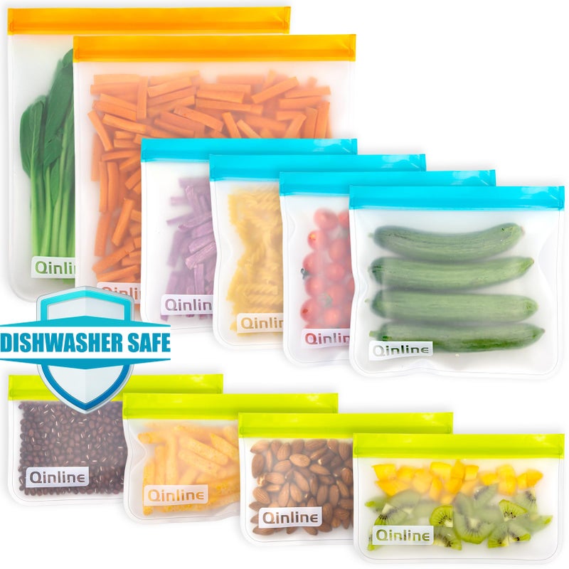 Qinline Reusable Food Storage Bags - 10 Pack Dishwasher Safe Freezer Bags, BPA Free Reusable Bags Silicone, Leakproof Reusable Lunch Bag for Salad Fruit Travel - 2 Gallon 4 Sandwich 4 Snack Bags - Image 1