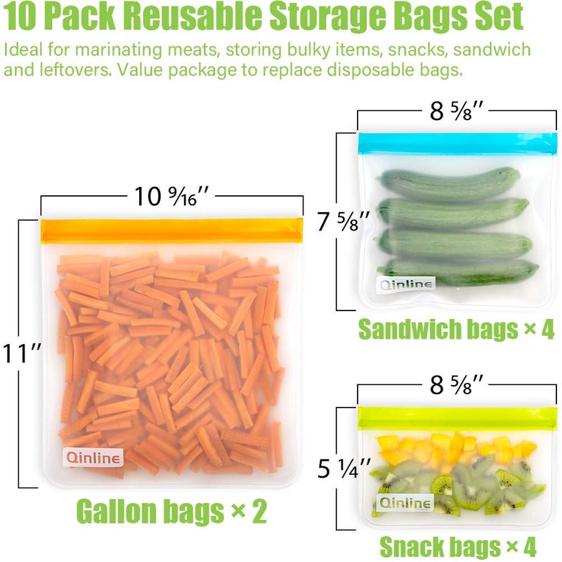 Qinline Reusable Food Storage Bags - 10 Pack Dishwasher Safe Freezer Bags, BPA Free Reusable Bags Silicone, Leakproof Reusable Lunch Bag for Salad Fruit Travel - 2 Gallon 4 Sandwich 4 Snack Bags - Image 3
