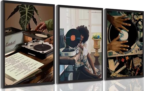 LRTNMTJ Black Woman Wall Art Set of 3 Fashion Trend African American Women Wall Decor Abstract Black Girl Record Music Poster Prints Artwork for Bedroom Living Room Dorm Room Home Decoration - Image 1