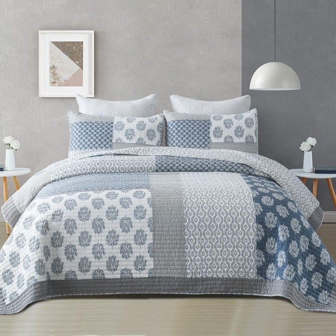 KING SIZE QUILT 100 COTTON COMFORTER KING SIZE BLUE GREY FARMHOUSE QUILTED BEDSPREAD PATCHWORK LIGHTWEIGHT REVERSIBLE QUILT BEDDING SET FOR KING BED 3PIECES