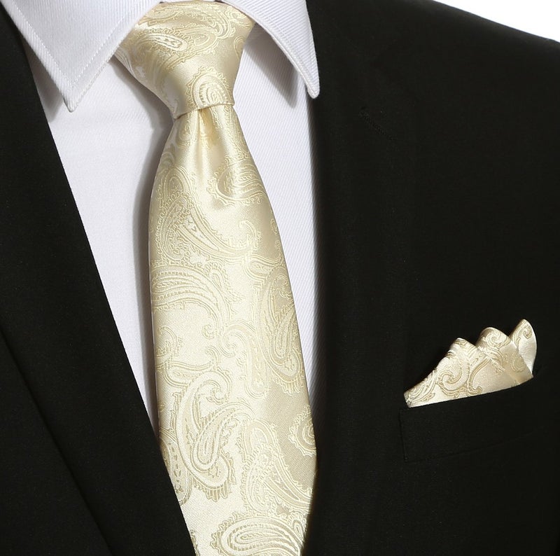 KissTies 63'' XL Cream Ivory Extra Long Tie And Pocket Square Paisley Necktie + Gift Box - Image 2