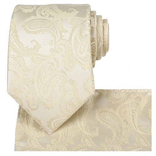 KissTies 63'' XL Cream Ivory Extra Long Tie And Pocket Square Paisley Necktie + Gift Box - Image 1