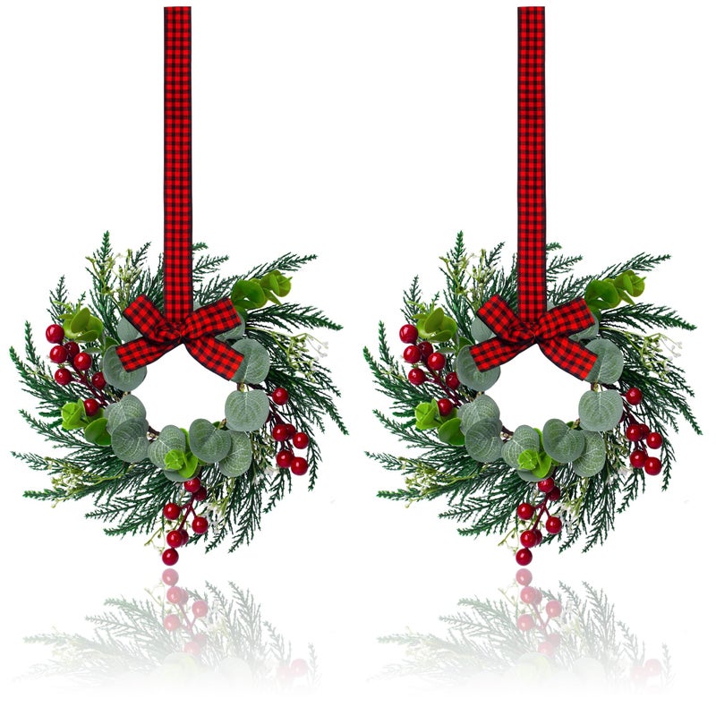 2Pcs Christmas Wreath 10 Inch Mini Wreaths for Kitchen Cabinets Christmas Door Wreath Small Christmas Wreath for Fireplace Window Farmhouse Indoor Home Decorations