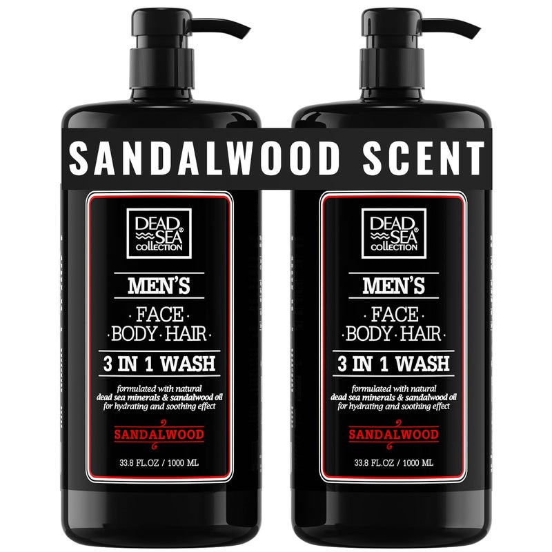 Dead Sea Collection Mens Body Wash 3 in 1 Sandalwood Body Wash for Men Shower Gel Shampoo Shower Soap for Face and Hair Pack of 2 Bottles 338 Fl Oz Each