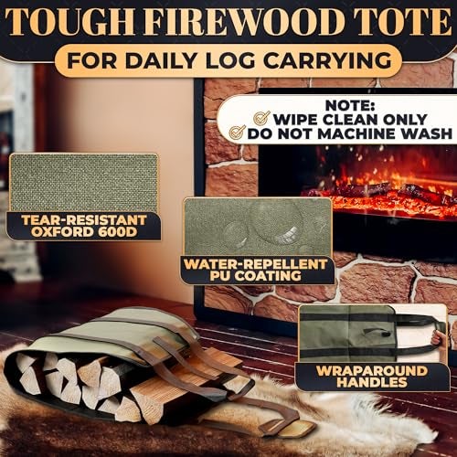 LAGARTO Firewood Carrier Bag 39.4"×18.5" – Waxed Canvas Wood Carrier for Firewood with Reinforced Handles, Hook-and-Loop Grip & Center Strap, Water-Resistant Design with Dust-Blocking Liner | Good for Gifting - Image 3