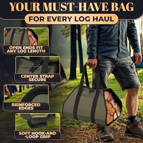 LAGARTO Firewood Carrier Bag 39.4"×18.5" – Waxed Canvas Wood Carrier for Firewood with Reinforced Handles, Hook-and-Loop Grip & Center Strap, Water-Resistant Design with Dust-Blocking Liner | Good for Gifting - Image 4