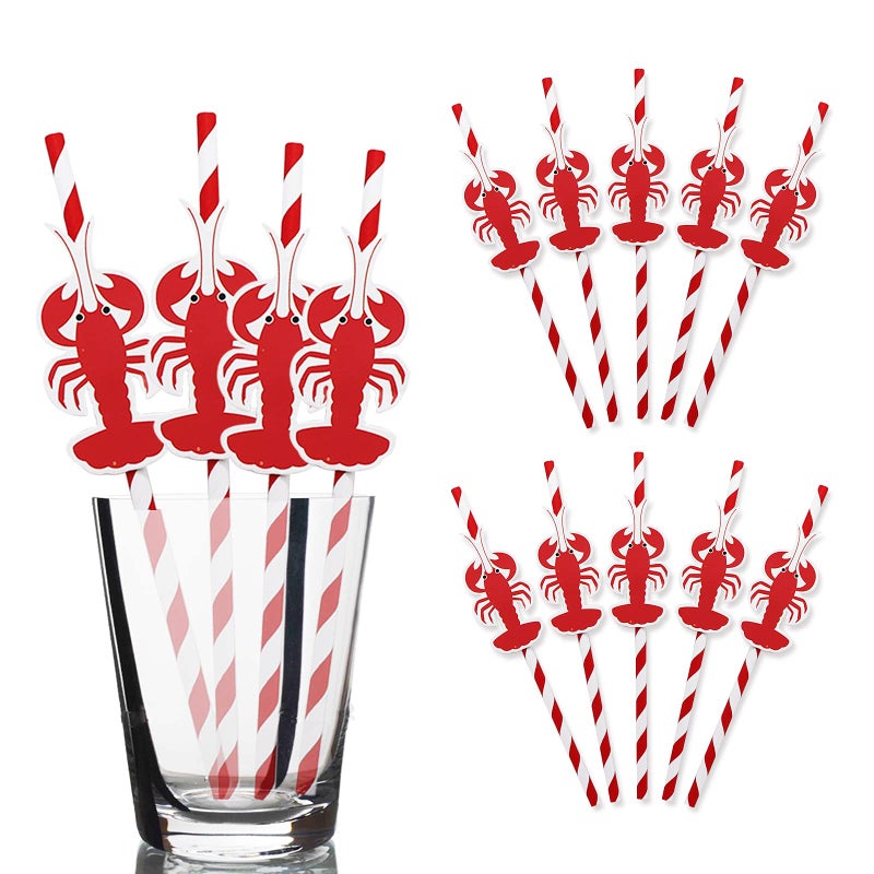 Lobster Paper Straws Decor24 Pack of Crawfish Birthday Party or Christmas Paper Straws SuppliesRed and White Disposable Striped Paper Decorative Drinking Straws for Seafood Party Decorations