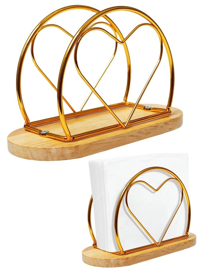 Napkin Rack Gold Napkin Holder Serviette Dispenser with Wooden Base Metal Frame Napkin Stand for Kitchen Work Surface Restaurant Café Weddings Picnic Parties - Image 1