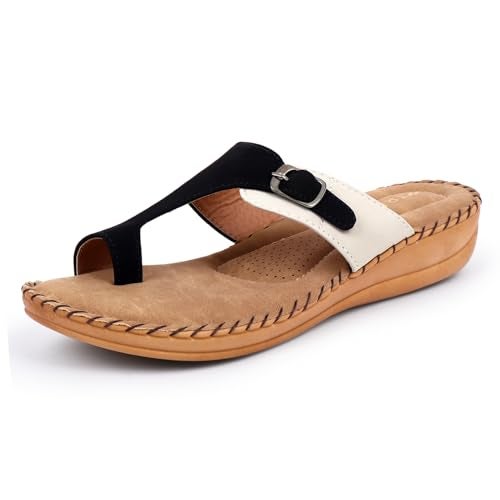 TRASE Extra Soft Slippers for Women | Orthopedic Diabetic Footwear with Cushioned Insole | Lightweight & Comfortable Ladies Chappals with Toe Ring and Adjustable Buckle (CREAM-BLACK, 5 UK) - Image 1