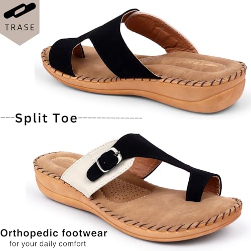 TRASE Extra Soft Slippers for Women | Orthopedic Diabetic Footwear with Cushioned Insole | Lightweight & Comfortable Ladies Chappals with Toe Ring and Adjustable Buckle (CREAM-BLACK, 5 UK) - Image 4