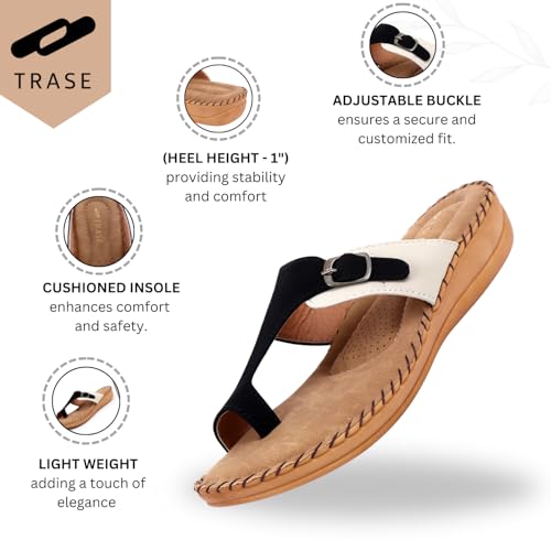 TRASE Extra Soft Slippers for Women | Orthopedic Diabetic Footwear with Cushioned Insole | Lightweight & Comfortable Ladies Chappals with Toe Ring and Adjustable Buckle (CREAM-BLACK, 5 UK) - Image 2
