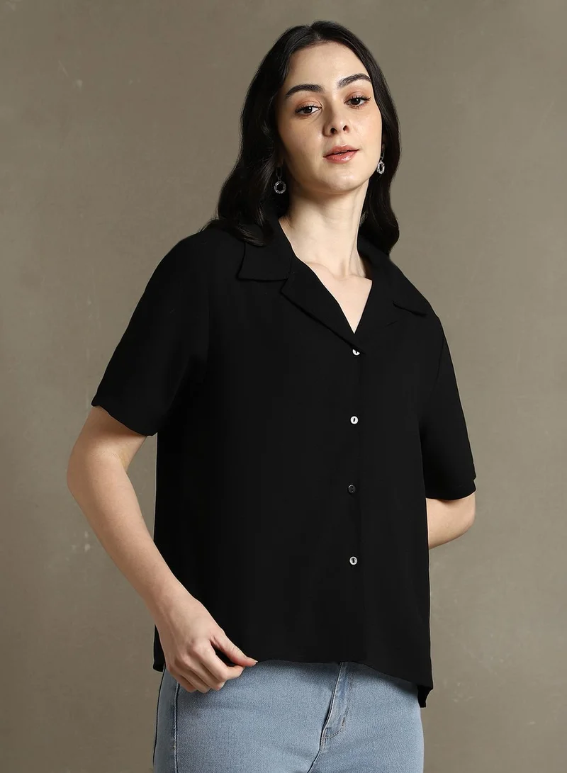 Dennis Lingo Women's Black 100% Polyester Solid Button Down Regular Fit Shirt