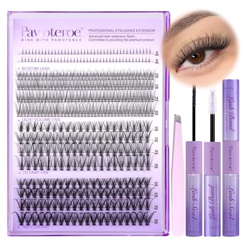 Pawotence Lash Extension Kit Lash Clusters Multitypes Individual Lashes Natural Bottom Light Volume 20D 30D Clusters Eyelash Extension Kit with Lash Bond and Seal Lash Applicator for Self Use