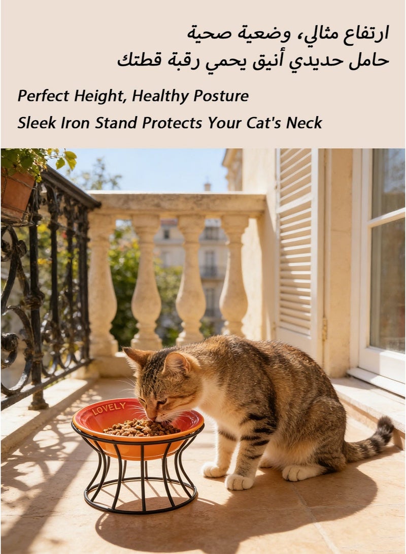 Orange French Style Ceramic Cat Bowl - Macaron Orange Color | High-Temperature Ceramic | Microwave-Safe | Black Iron Stand with Ergonomic Height | Detachable Design - Image 4