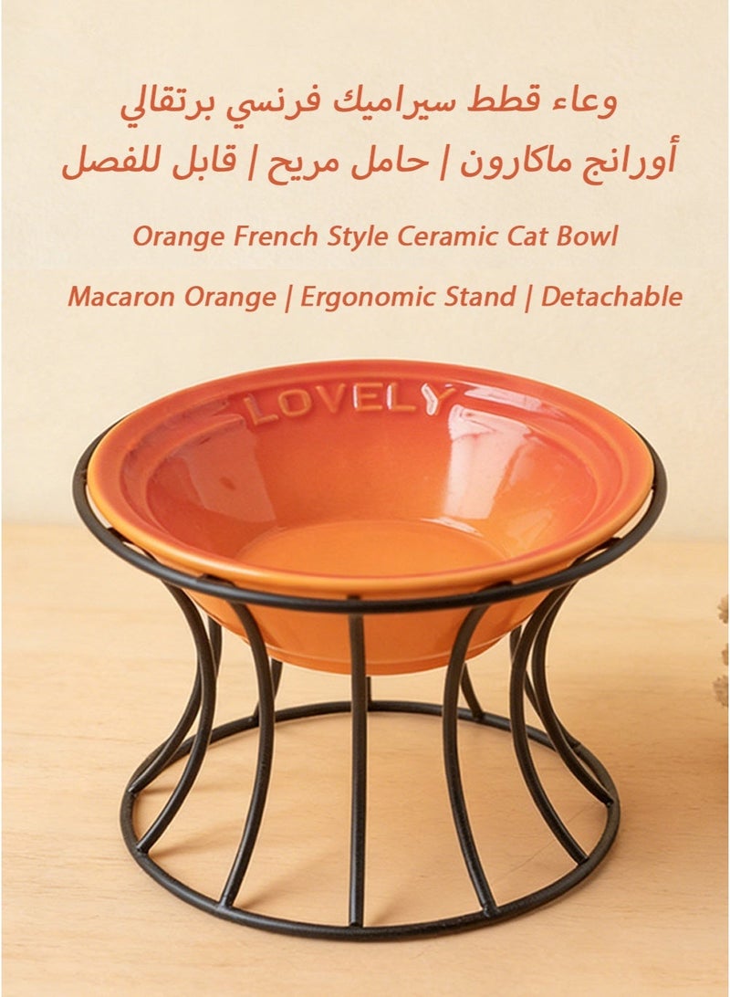 Orange French Style Ceramic Cat Bowl - Macaron Orange Color | High-Temperature Ceramic | Microwave-Safe | Black Iron Stand with Ergonomic Height | Detachable Design - Image 2