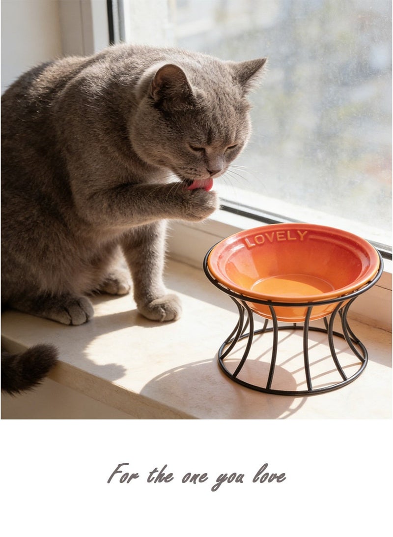 Orange French Style Ceramic Cat Bowl - Macaron Orange Color | High-Temperature Ceramic | Microwave-Safe | Black Iron Stand with Ergonomic Height | Detachable Design - Image 1