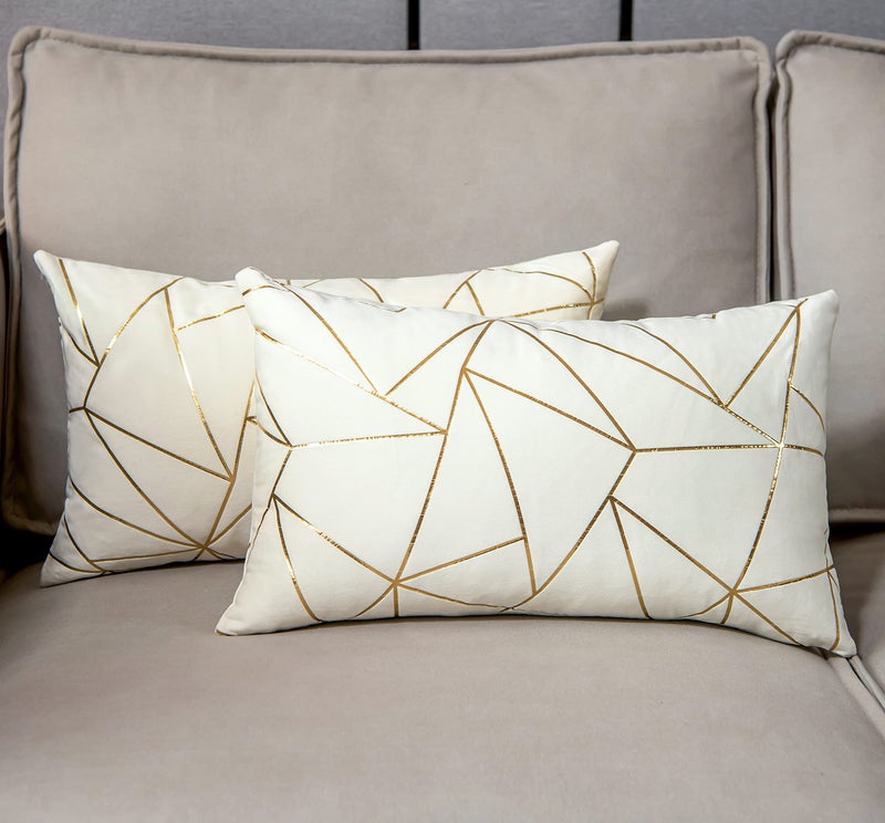 YONGLIU YONGLIU Pack of 2 Velvet Lumbar Throw Pillow Covers Velvet Decorative Soft Gold Foil Geometric Pattern Cute Cushion Case for Modern Homes Sofa Couch Bedroom Living Room Car (White and Gold  12X20 )  - Image 2